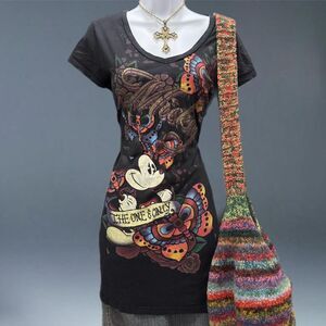 Disney Mickey Graphic Tee Dress L Tattoo Y2K Butterflies